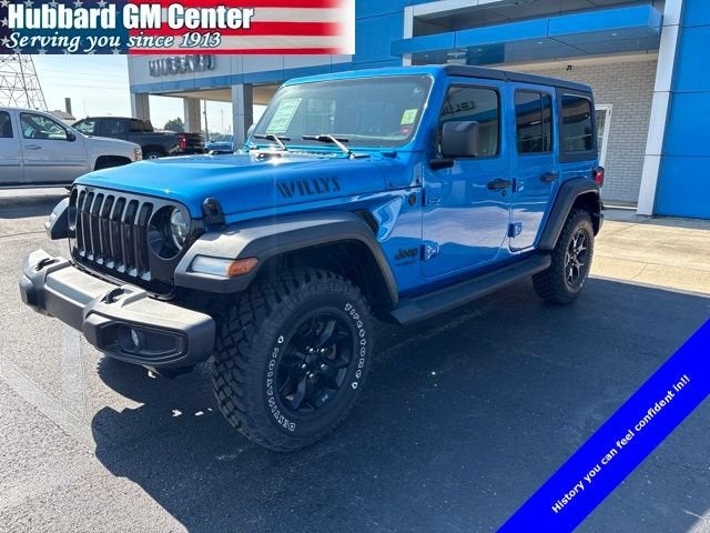 2021 Jeep Wrangler Unlimited Willys in Blue — front three-quarter view